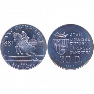 Андорра 20 динар 1990 год Олимпиада в Барселоне 1992 год Конный спорт Серебро ПРУФ / Proof