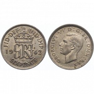 Великобритания 6 Пенсов 1942 год Серебро XF KM# 852 Король Георг VI