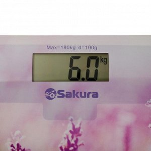 Весы напольные Sakura SA-5072LF, электронные, до 180 кг, 1хCR2032, стекло, &quot;лаванда&quot;