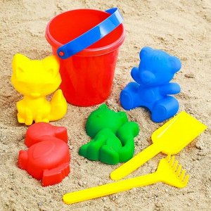 Набор для игры в песке №1: ведёрко, 4 формочки, грабельки, лопатка, МИКС