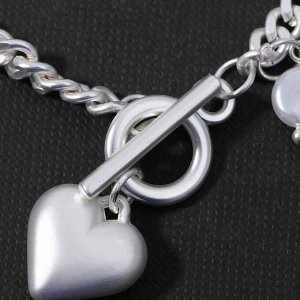 Браслет с жемчугом "Цепь" сердце объёмное с бусиной, цвет белый в матовом серебре ,L=19см