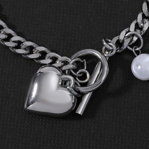 Браслет с жемчугом "Цепь" сердце объёмное с бусиной, цвет белый в серебре ,L=19см