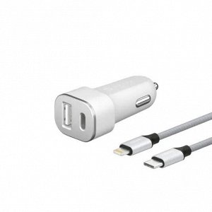 АЗУ USB Type-C + USB A, PD 3.0, 18Вт, дата-кабель USB-C - Lightning (MFI) нейлон, Ultra,белый, Deppa