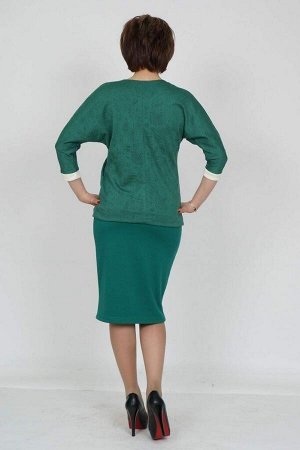 Блуза Эффектная блуза из трикотажного полотна. Расцветка зелёный. Блуза дополнена воротничком и манжетами молочного цвета. Материал трикотаж джерси фукро. Рост модели - 168 см. размер изделия 46 и рос