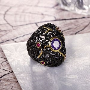 Кольцо 'Черное золото' со вставками из фиолетового и розовых цирконов