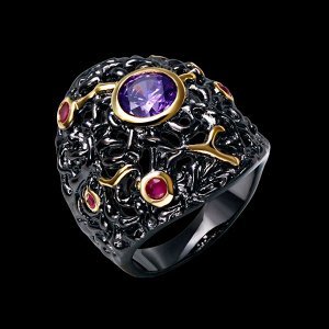 Кольцо 'Черное золото' со вставками из фиолетового и розовых цирконов