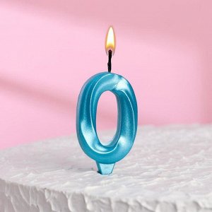 Свеча в торт "Грань", цифра "0", голубой металлик