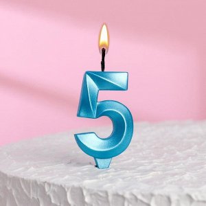 Свеча в торт "Грань", цифра "5", голубой металлик
