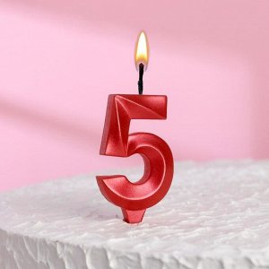 Свеча в торт "Грань", цифра "5", красный металлик