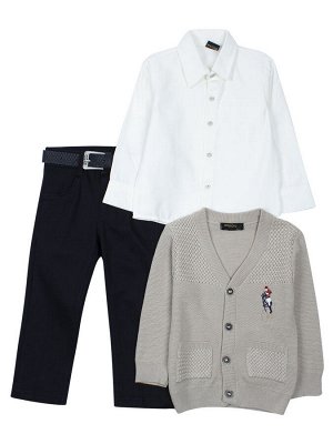 Комплект для мальчика: брюки с ремнем, рубашка, вязаный кардиган