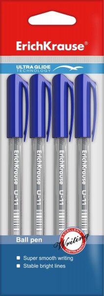 Ручка шарик "ErichKrause U-11 Ultra Glide Tehnology" 0.7мм синяя в упак. 4шт. 1/12 арт. ЕК-46786