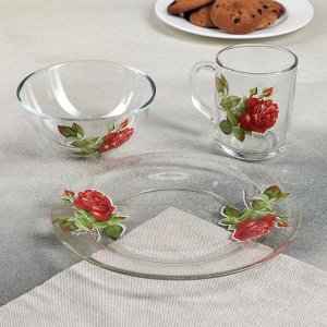 Набор для завтрака «Алая роза», 3 предмета: тарелка d=20 см, салатник d=13 см, кружка 250 мл, цвет МИКС