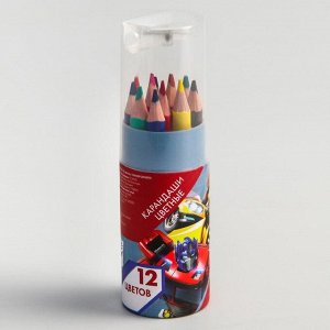 Цветные карандаши, 12 цветов, трехгранные, в тубусе, «Трансформеры»