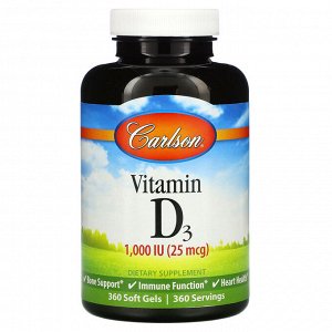 Carlson Labs, Витамин D3, 25 мкг (1000 МЕ), 360 мягких таблеток