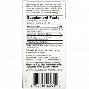 Enzymedica, веганские витамины D3 + К2, 60 капсул