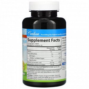 Carlson Labs, Kid&#039;s, жевательный витамин C, натуральный мандарин, 250 мг, 60 вегетарианских таблеток