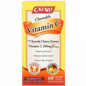 Catalo Naturals, Жевательный витамин C, апельсин и ананас, 200 мг, 60 жевательных таблеток