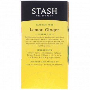 Stash Tea, Травяной чай, лимон и имбирь, без кофеина, 20 чайных пакетиков, 34 г