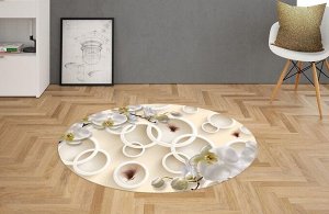 3D Ковер «Кремовые орхидеи с объемными кругами и бабочками»