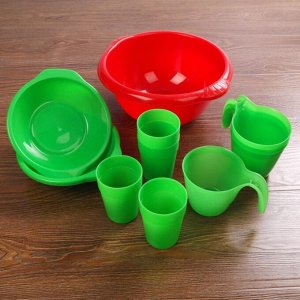 Набор посуды "Праздничный": 4 стакана, 4 кружки, 4 тарелки, миска 3,5 л, 4 вилки, 4 ложки, цвет МИКС