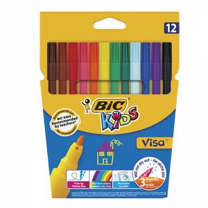 Фломастеры BIC "Kids Visa", 12 ЦВЕТОВ, суперсмываемые, вентилируемый колпачок, европодвес, 889695, 888695