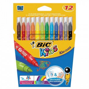 Фломастеры BIC "Kid Couleur", 12 цветов, суперсмываемые, вентилируемый колпачок, европодвес, 9202932