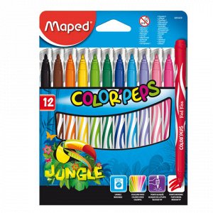 Фломастеры MAPED (Франция) &quot;Color&#039;Peps Jungle&quot;, 12 цветов, смываемые, вентилируемый колпачок, 845420