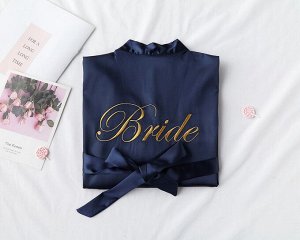 Женский шелковый халат невесты, надпись "Bride", цвет синий