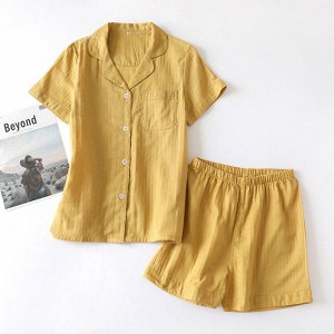 Женская однотонная короткая пижама (шорты+рубашка), цвет желтый