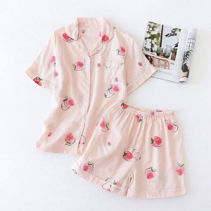 Женская короткая пижамка (шорты+рубашка), принт "Клубничка", цвет розовый