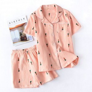 Женская короткая пижамка (шорты+рубашка), принт "Морковь", цвет розовый
