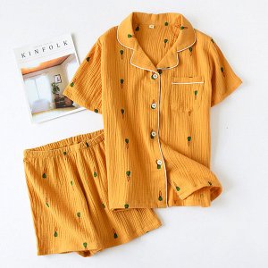 Женская короткая пижамка (шорты+рубашка), принт "Морковь", цвет морковный