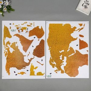 Наклейка пластик интерьерная золотая "Карта мира" набор 2 листа 45х60 см