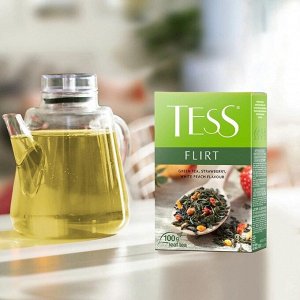 Tess Flirt зеленый листовой чай с клубникой и ароматом белого персика, 100 г