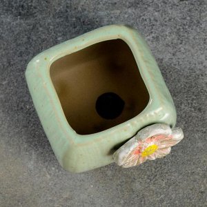 Кашпо керамическое "Куб с цветами" зеленое, 6*5см