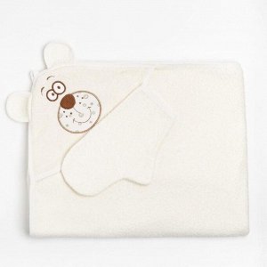 Набор для купания (полотенце-уголок, рукавица) с вышивкой "Мишка", размер 100х110 см, цвет бежевый (арт. К24/1)