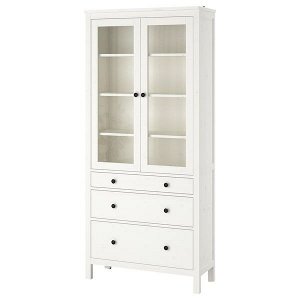 HEMNES ХЕМНЭС Шкаф-витрина с 3 ящиками, белая морилка90x197 см