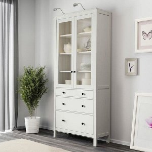 HEMNES ХЕМНЭС Шкаф-витрина с 3 ящиками, белая морилка90x197 см