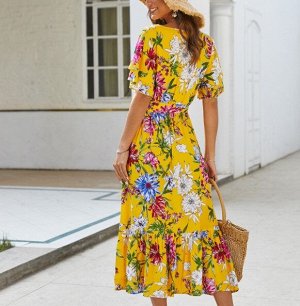 Женское платье, v-образный вырез, принт "цветы", цвет желтый
