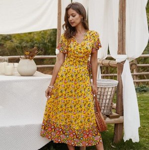 Женское платье, v-образный вырез, на запах, принт "цветы", цвет желтый