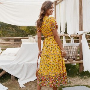 Женское платье, v-образный вырез, на запах, принт "цветы", цвет желтый