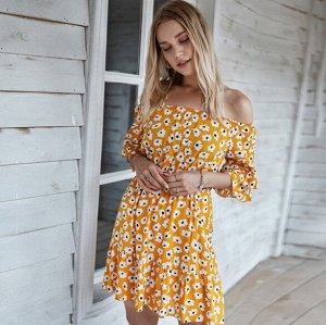 Женское платье, принт "цветы", цвет желтый