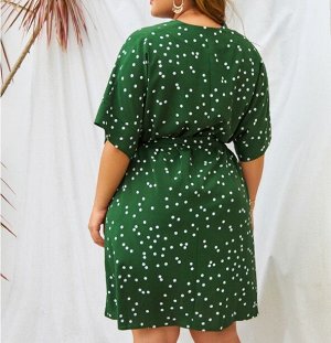 Женское платье с поясом, принт "горох", цвет зеленый
