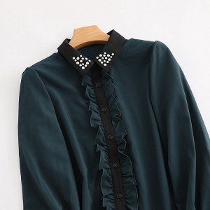 Женская блуза с длинным рукавом, декоративные элементы на воротничке, цвет темно-синий