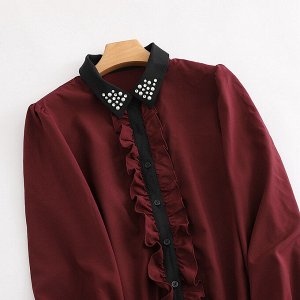 Женская блуза с длинным рукавом, декоративные элементы на воротничке, цвет винный