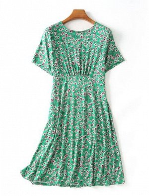 Женское платье с коротким рукавом, принт "Цветочки", цвет зеленый