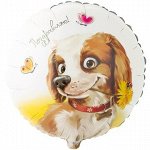 1202-3251 Шар-круг, фольга, 18&quot;/46 см, &quot;Поздравляю! Собака с цветком&quot; (Веселая затея), инд. уп.