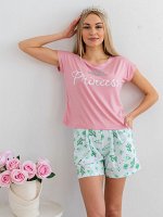 Комплект женский из футболки и шорт из кулирки Принцесса кактусы, розовый