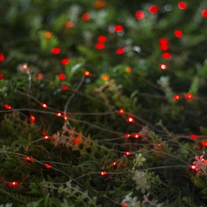 Гирлянда «Нить» 10 м роса, серебристая нить, 100 LED, свечение красное, 2 режима, солнечная батарея