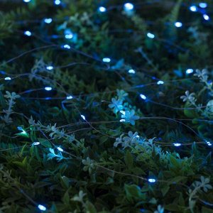 Гирлянда «Нить» 10 м роса, серебристая нить, 100 LED, свечение синее, 2 режима, солнечная батарея